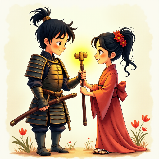 A watercolor and ink-painted, detailed line drawing of a young samurai in armor with black hair, clean-shaven, big eyes, and a large smile, standing next to a beautiful woman in a kimono. Both are holding the shaft of a warhammer together, with the head of the warhammer now adjusted to the proper size. They are the same height and look at each other with affection. The samurai is glowing with a yellowish aura, radiating warmth. The scene has a whimsical, adventurous feel in a Disney-Pixar aesthetic, with soft watercolor tones, intricate ink details, and a magical, cinematic atmosphere