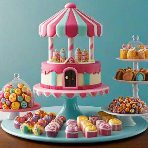 Create a whimsical cake design that resembles a candy shop. The cake should feature a detailed miniature scene with a cheerful baker in a chef's hat, surrounded by colorful candies, chocolate treats, and jars filled with sweets. The interior should include shelves lined with various confections, and the cake's exterior should be adorned with vibrant candies and decorative elements that enhance the candy shop theme.