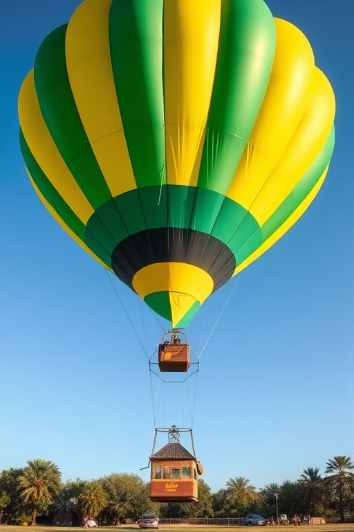 Create an illustration of a hot air balloon with a vibrant green and yellow color scheme, using a Canon EOS 5D Mark IV, 50mm lens, f/4 aperture, ISO 100, shot from a low angle for a dramatic perspective, in bright daylight to enhance colors and details.
