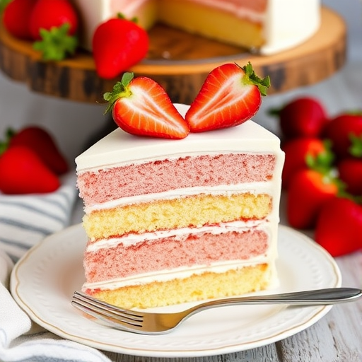 A delicious layered cake with pink and yellow sponge layers, topped with white frosting and garnished with fresh strawberries, served on a decorative white plate with a fork beside it. The background features a rustic wooden cake stand and additional strawberries.