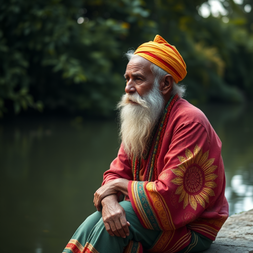 A serene elderly man with a long white beard and colorful traditional attire, sitting thoughtfully by a tranquil water body surrounded by lush green foliage, captured with a Canon EOS R5, 50mm lens, f/1.8 aperture, soft natural lighting, and a shallow depth of field for enhanced focus on the subject.