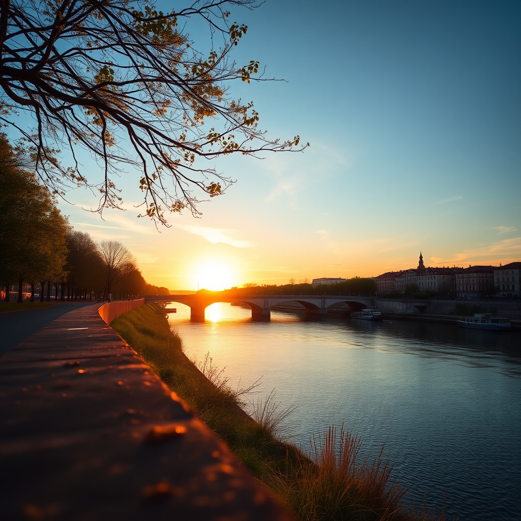 Capture a scenic view of the Garonne River in Toulouse during the golden hour, with a wide-angle lens at f/8, ISO 100, shutter speed 1/200s, using a DSLR camera for optimal clarity and vibrant colors.