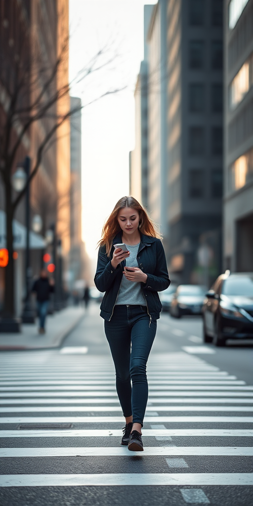 A young woman walking on a city crosswalk while using her phone, wearing a black jacket and jeans, soft natural lighting, depth of field focus, shot with a Canon EOS 5D Mark IV, 85mm lens, aperture f/2.8, ISO 200, shutter speed 1/500s.