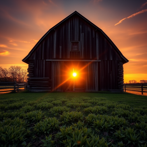 Create a high-resolution image of a rustic wooden barn at sunset with the sun partially setting behind it, captured with a DSLR camera at f/8, ISO 100, 1/200s, using a wide-angle lens from a low angle to emphasize the foreground and warm hues in the sky.