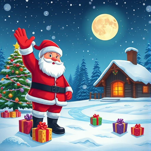 Create a winter scene featuring Santa Claus waving in a snowy landscape with colorful presents, a decorated Christmas tree, a cozy cabin with warm light, and a large moon in the night sky, in a vibrant cartoon style, shot with a wide-angle lens at f/8 for depth of field, ISO 100 for clarity, and a 24mm focal length for a broad view.