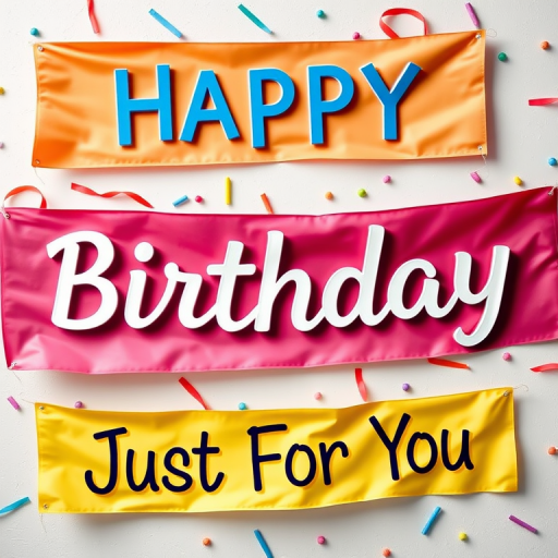 Create an image of colorful birthday banners with the text "Happy Birthday," "Birthday Wishes," and "Just For You" in a visually appealing layout, using a DSLR camera with a 50mm lens, aperture f/2.8, ISO 200, natural lighting, and a slight depth of field to highlight the banners.