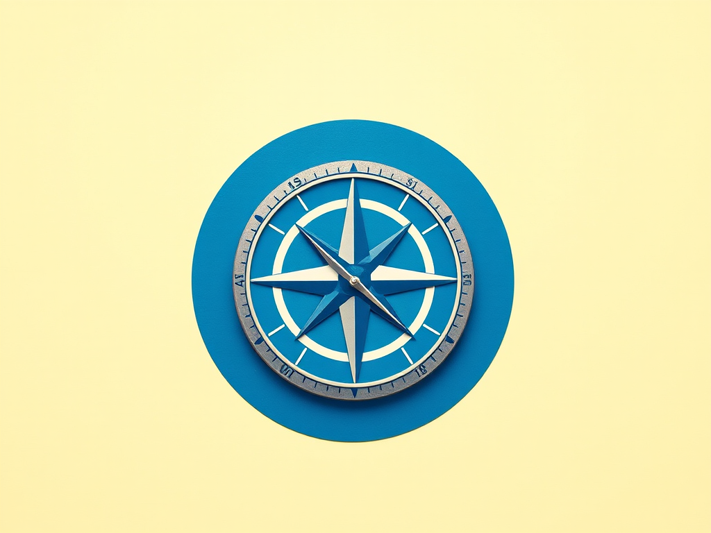 Create a high-resolution image of a compass icon with a blue circular background and a prominent north arrow, captured with a Canon EOS R5 at f/8, ISO 100, 1/100s, in a clean and minimalistic style using a flat lay view.
