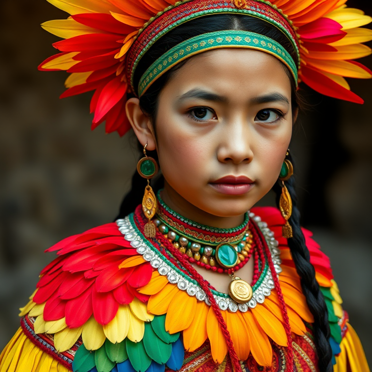 A beautiful Maya girl, wearing colorful bird clothing with vibrant colors