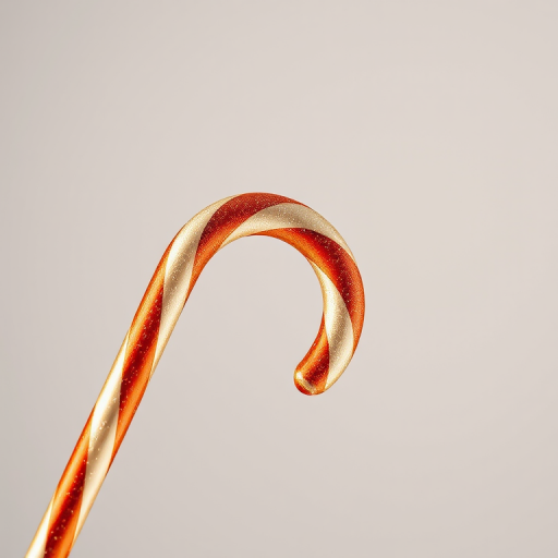 Create a high-resolution image of a stylized golden candy cane, viewed at a slight angle to show depth, with soft studio lighting, using a DSLR camera set to f/2.8 aperture, ISO 100, and a shutter speed of 1/60 seconds.