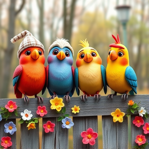 create a scene of 4 quirky  whimsical colourful comical birds each with a funny expression. they are sat on a wooden fence with colourful flowers. they are all different sizes. each one is a different colour  one is wearing a woolly hat. Each one has a different quirky google expression and there is a muted background of trees watercolour paintierly style high definition 8k resolution 3D paper mache