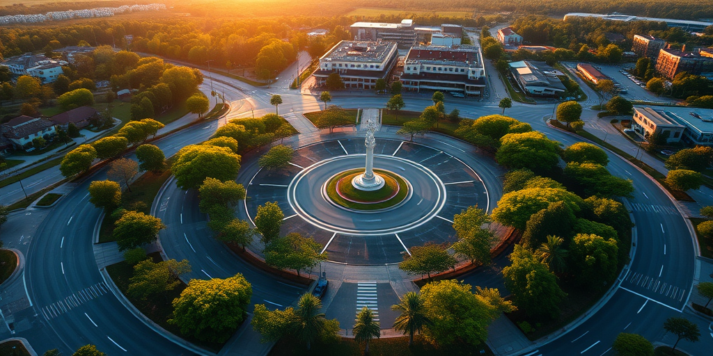 Aerial view of a roundabout with surrounding roads, green trees, and buildings, shot with a Canon EOS 5D Mark IV, 24mm lens, f/8 aperture, ISO 100, at sunrise for optimal lighting and contrast.