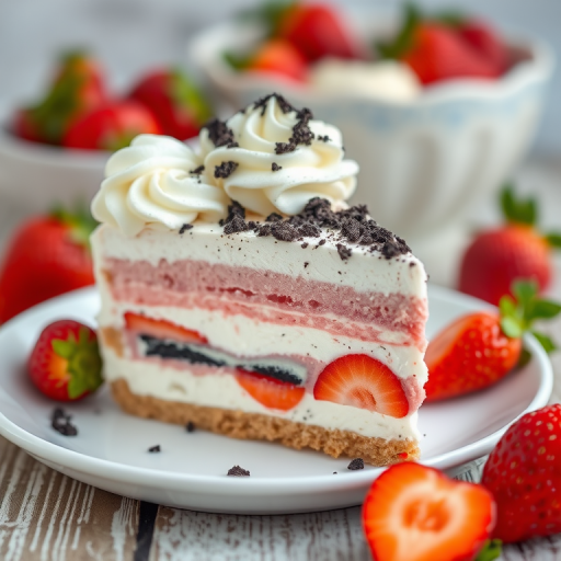 Create an image of a delicious slice of layered strawberry dessert with a creamy white and pink filling topped with crushed cookies and whipped cream on a white plate with fresh strawberries in the background and a rustic wooden table surface.