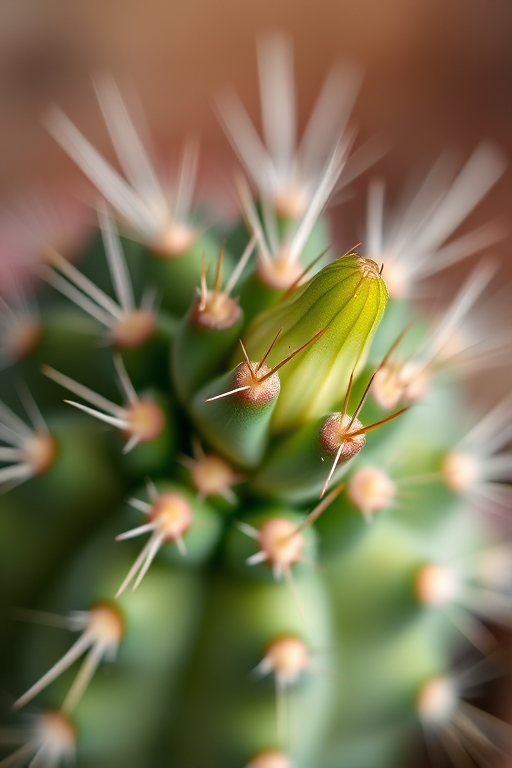 Close-up of a cactus with a young green growth, shallow depth of field, focus on the spiky texture, soft blurred background, aperture f/2.8, ISO 100, shutter speed 1/250s, macro lens, DSLR camera.