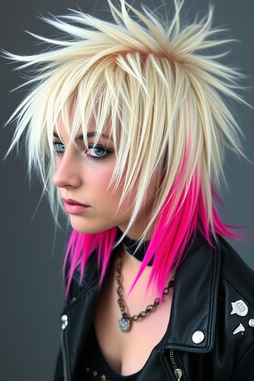 Edgy platinum blonde mullet with neon pink roots and choppy layers, styled in a tousled and textured manner for a modern punk rock vibe