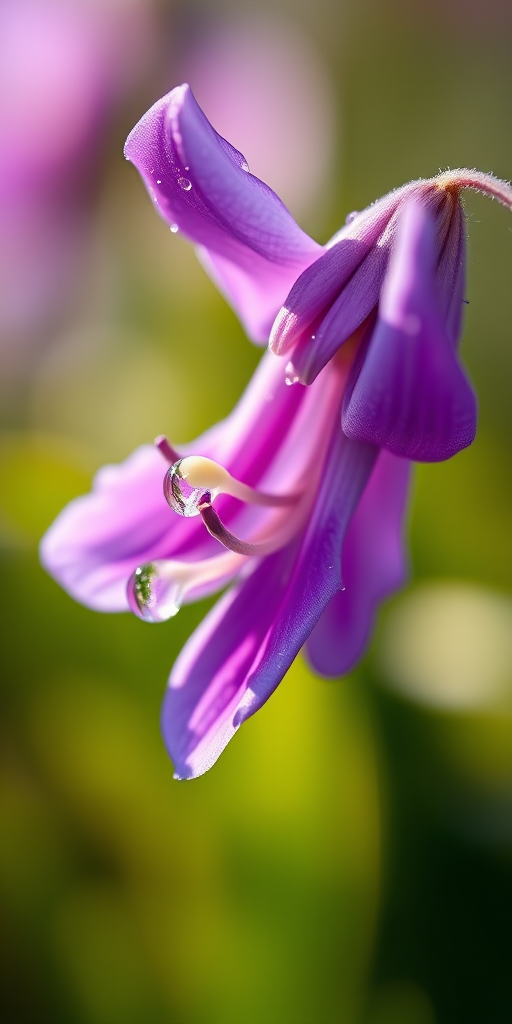 Macro photography of a blooming purple flower with dew drops, sharp focus, natural light, f/2.8 aperture, shutter speed 1/250s, ISO 100, DSLR camera, 50mm lens, shallow depth of field, vibrant colors, soft background bokeh.
