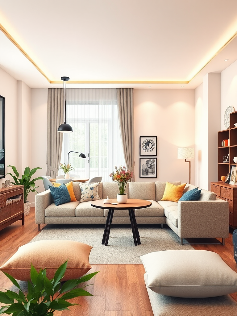 regenerate a modern interior illustration of a cozy living space featuring a sofa with colorful cushions, a dining table with chairs, decorative elements like a clock and flowers, using a DSLR camera with a 24mm lens, aperture set at f/8, ISO 200, and a wide-angle perspective for enhanced clarity and depth