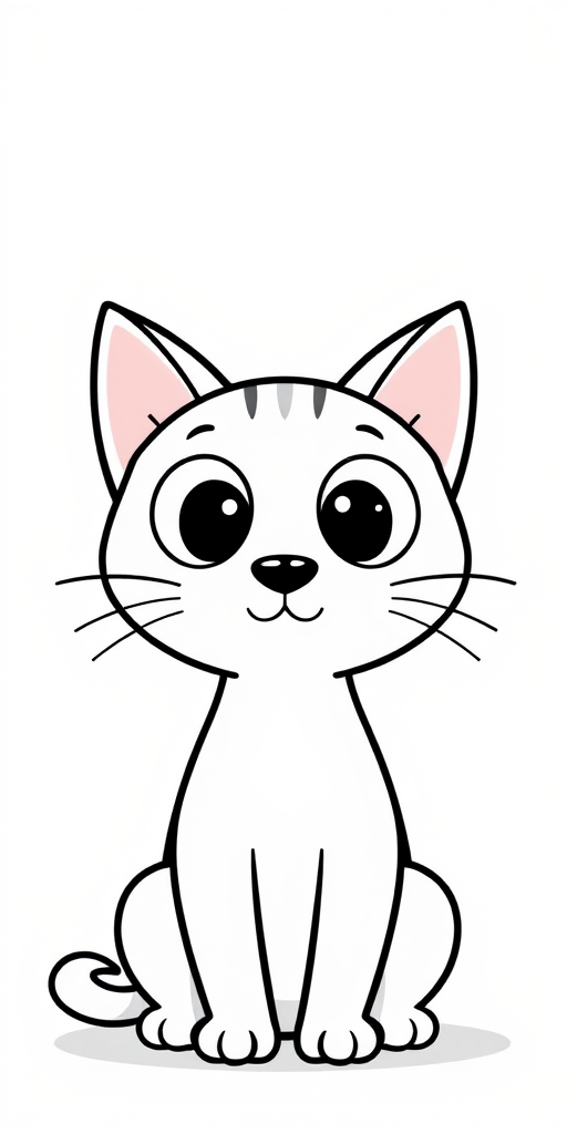Create a simple black and white illustration of a cartoon cat with large round eyes and prominent ears the cat should have a minimalist design and a friendly expression the background should be plain white