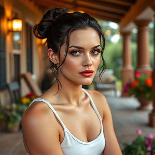 A photo of Mila Kunis with a background of a cozy porch. She has dark hair pulled back in an updo, with tendrils framing her face. She wears a white tank top and sits on the porch. The porch is part of a well-lit home with a warm, earthy tone and colorful flowers and foliage. The overall scene has a warm, welcoming, and comfortable ambiance.