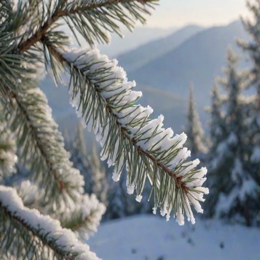 Softly focused close-up of a snow-covered pine branch, delicate snowflakes catching soft morning light, with distant mountains barely visible through the mist and a soft blue sky overhead.