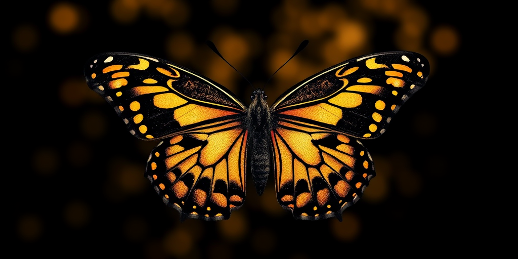 Create a highly detailed illustration of a butterfly with elegant golden patterns on a black background, captured in a close-up view, using a DSLR camera with a 50mm lens, aperture set to f/2.8, ISO 100, and a soft focus effect for enhanced image quality.