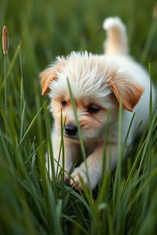 A fluffy puppy playing in tall green grass, taken with a Nikon D850, 50mm lens, aperture f/1.8, shutter speed 1/200s, ISO 400, natural daylight, shallow depth of field for soft background blur.