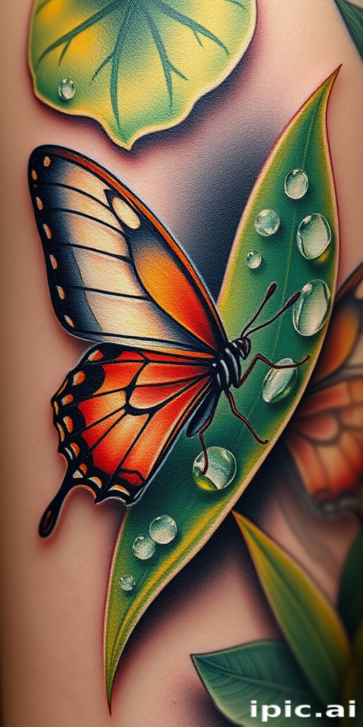 Realistic 3D tattoo illustrating a hyperrealistic butterfly perched on a dewdrop-covered leaf, lifelike details and shading creating an illusion of depth, vibrant colors bringing the scene to life