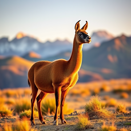 regenerate an image of a Guanaco standing in a natural setting with mountains in the background, using a Canon EOS R5 camera, 85mm focal length, f/2.8 aperture, ISO 100, shot at golden hour for soft lighting and vibrant colors