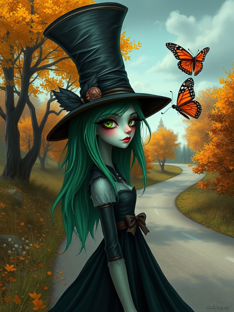 digital art fantasy depicting a strange girl with green hair, long eyelashes, red lipstick and a tall hat walking along a winding road on an autumn afternoon, an Butterfly smiles as she passes