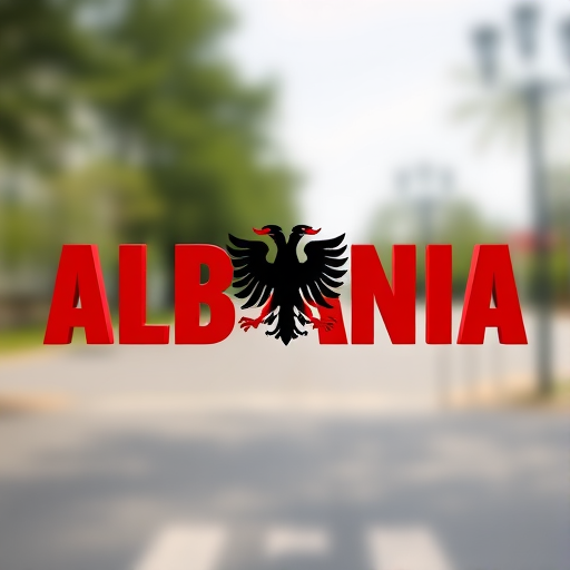 Regenerate an image featuring the word ALBANIA in bold red letters with a stylized black double-headed eagle in the center, captured with a DSLR camera at a focal length of 50mm, aperture set to f/2.8, ISO 100, in a natural lighting environment, with a shallow depth of field for enhanced clarity.