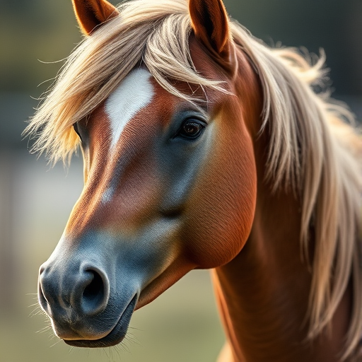 Create a high-resolution digital illustration of a realistic horse head with intricate details and textures, shot with a DSLR camera at f/2.8, 50mm lens, natural lighting, shallow depth of field, focusing on the horse's expressive eyes and flowing mane.