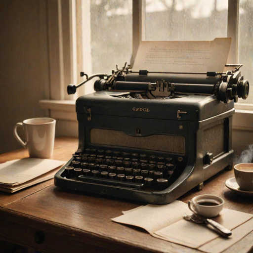 Close-up of a vintage typewriter on a wooden desk, soft natural light from a nearby window casting shadows on the keys, with an unfinished letter in the carriage and a steaming cup of coffee nearby.