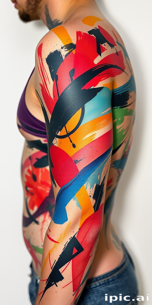 Abstract expressionist tattoo titled "Emotion in Motion" featuring bold, gestural brushstrokes and vibrant color fields that flow across the body, creating a sense of movement and energy while evoking raw emotions through the interplay of colors and forms