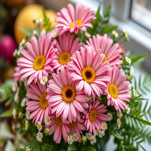 Generate a high-resolution image of a circular floral arrangement featuring vibrant pink and yellow daisies, surrounded by small white daisies and lush green leaves, captured with a macro lens at f/2.8, ISO 100, 1/125s, in soft natural lighting against a blurred background.