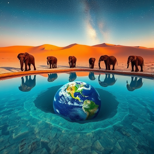 A surreal landscape featuring elephants around a crystal-clear pool reflecting a vibrant Earth, with a backdrop of sand dunes and a starry sky, captured with a Canon EOS R5, 24mm lens, f/8 aperture, ISO 100, at golden hour to enhance colors and contrast.