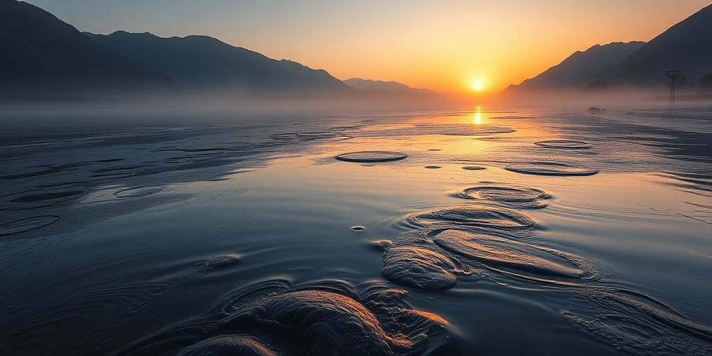 Create a serene landscape image of a river at dawn with soft ripples and reflections of the sunrise, using a Canon EOS 5D Mark IV, 50mm lens, aperture f/8, ISO 100, shutter speed 1/125 sec, in a wide-angle perspective with natural lighting to capture the misty atmosphere and surrounding mountains.