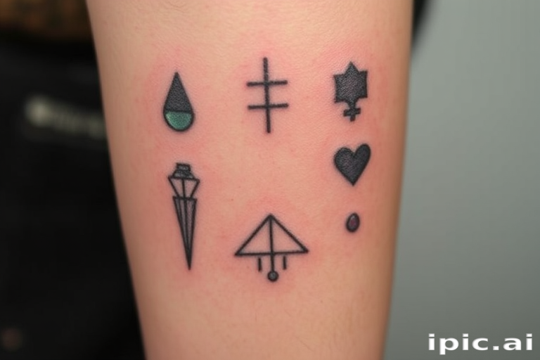 Stick and poke tattoo called "Primitive Whispers" featuring simple yet meaningful symbols and patterns created entirely with hand-poked dots, embracing imperfections for a raw, organic aesthetic