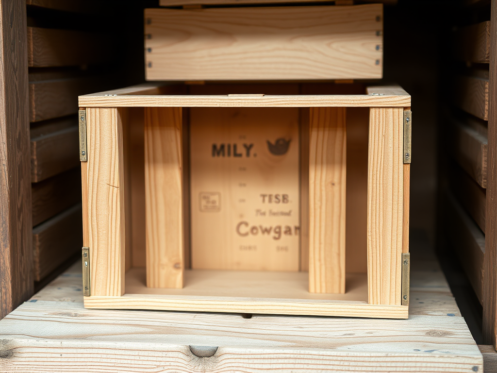 Create a highly detailed illustration of a wooden crate with visible texture and grain, shot in a close-up view using a DSLR camera with a 50mm lens at f/2.8 aperture, ISO 100, and natural lighting to enhance depth and realism.