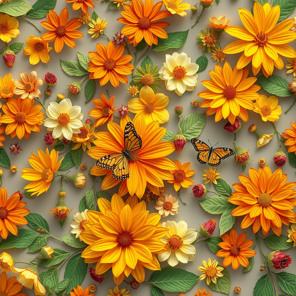 Create a vibrant floral pattern with colorful flowers in shades of orange, green, and yellow transitioning to soft gray, featuring delicate butterflies, in high resolution; use a Canon EOS R5 camera, 50mm lens, f/2.8 aperture, ISO 100, natural lighting.