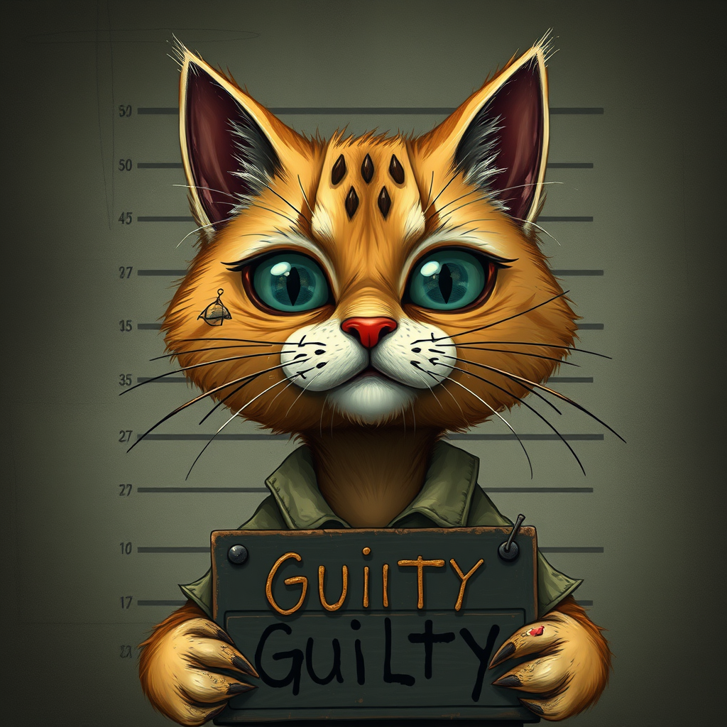 A comical cartoon-like scruffy cat, battered, dirty, with a mug shot and 'guilty' written on the board, in a whimsical and surreal art style with dark fantasy themes, dramatic lighting effects, minimalist and abstract touches, hyper-realistic details, textured backgrounds, vintage aesthetics, playful and exaggerated characters, gothic aesthetics, intricate designs, detailed patterns, and artistic composition