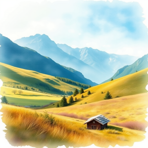landscape painting of a serene valley with mountains in the background, soft watercolor style, sunlight casting gentle shadows, camera settings: aperture f/8, shutter speed 1/125, ISO 100, camera view: wide-angle perspective, camera style: artistic, camera type: DSLR