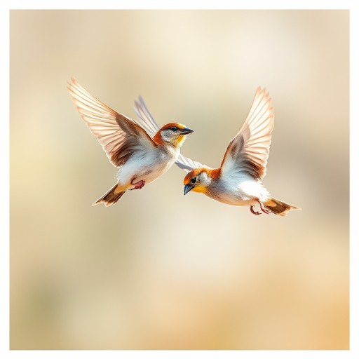 Generate a high-resolution illustration of two sparrows in flight, captured with a 50mm lens at f/2.8, shutter speed 1/1000s, ISO 200, with a shallow depth of field to emphasize the birds against a soft blurred background, in a realistic watercolor style.
