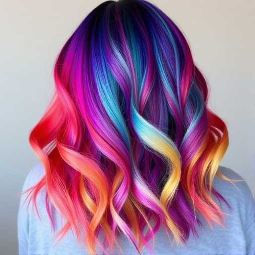 Whimsical rainbow ombré style called "Prism Cascade" blending seamlessly from vibrant red roots through the color spectrum to deep purple ends