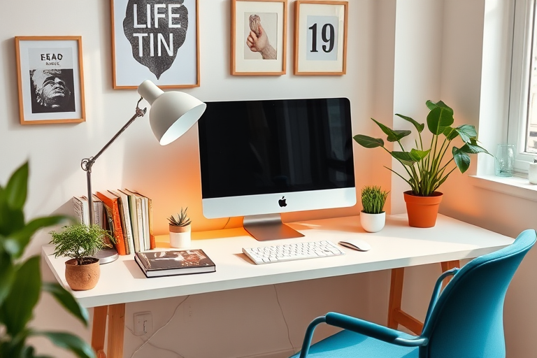 a modern home office scene with a desk, computer, lamp, books, and plants, bright colors, soft lighting, focus on the desk area, camera type: DSLR, camera view: 35mm lens, aperture: f/2.8, ISO: 100, shutter speed: 1/60s