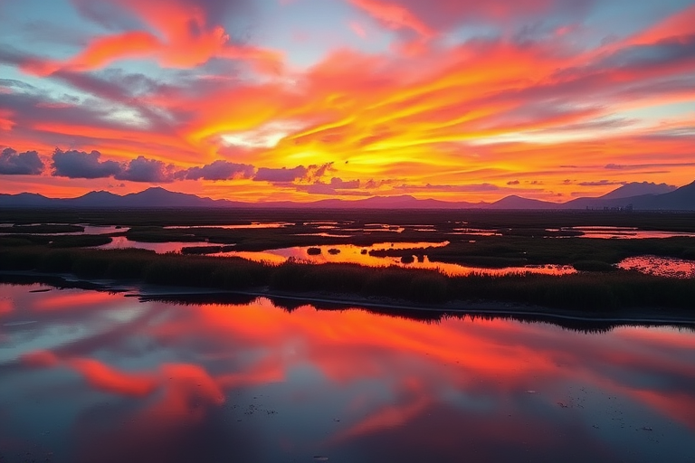 Generate a high-resolution image of a serene landscape at sunset showcasing vibrant colors in the sky and reflections on water, using a DSLR camera with a 24mm lens, aperture f/8, ISO 100, shutter speed 1/200s, in landscape orientation, with natural lighting and a slight vignette effect for emphasis.