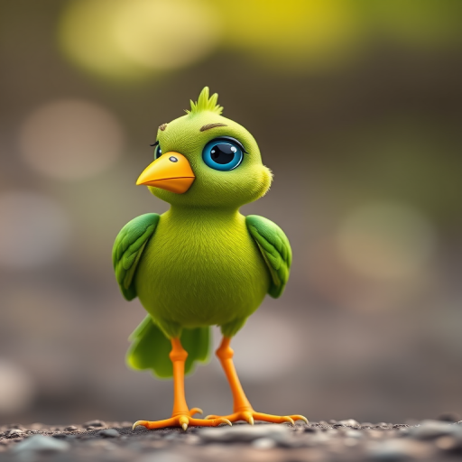 Create a vibrant green cartoon bird with a yellow beak and blue eye, standing on two orange legs with stylized feathers, captured in high resolution using a DSLR camera at f/8 aperture, ISO 100, 50mm lens, in natural light with a shallow depth of field.