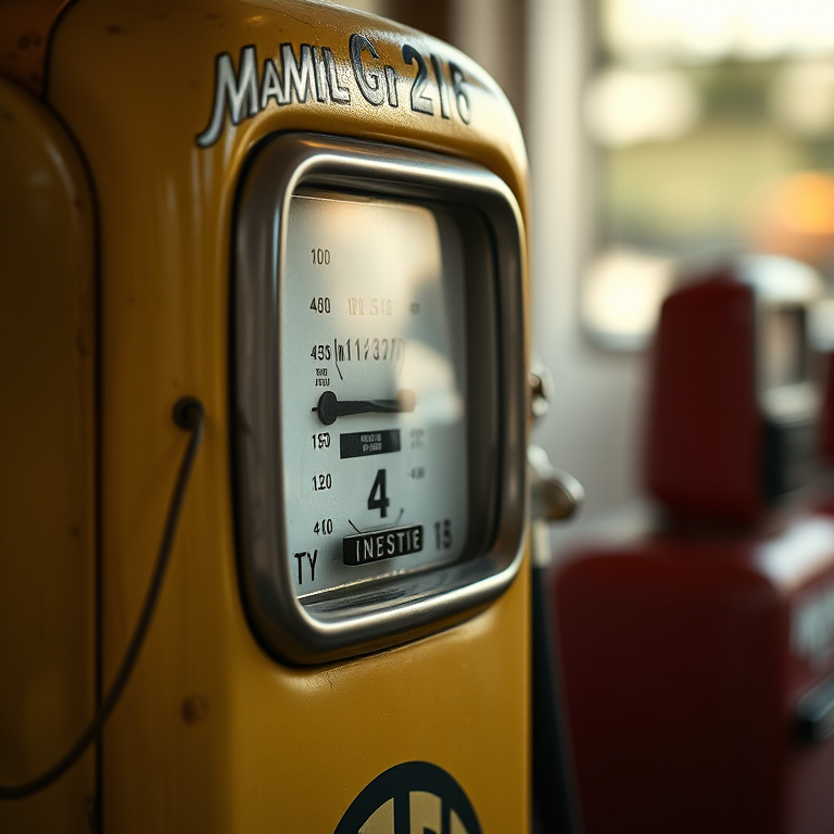 vintage gas station pump, detailed close-up, soft lighting, ISO 100, f/2.8, 50mm lens, studio quality, focal length 45mm, shallow depth of field