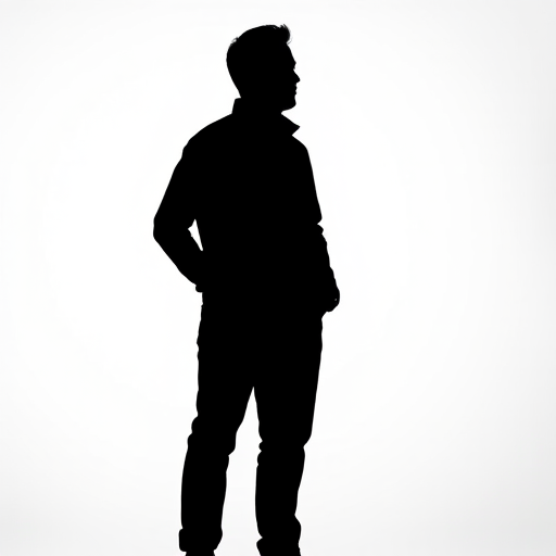 Generate a high-quality image of a black silhouette of a man standing tall against a white background, captured with a DSLR camera at f/2.8 aperture, ISO 100, 50mm lens, with a slight vignette for emphasis on the subject.