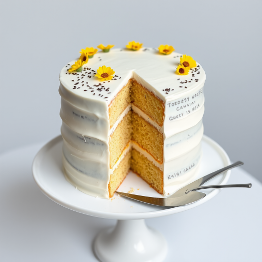 A three-layer cake with a smooth white frosting topped with small yellow flowers and poppy seeds with a slice cut out revealing the layers inside placed on a white pedestal plate.