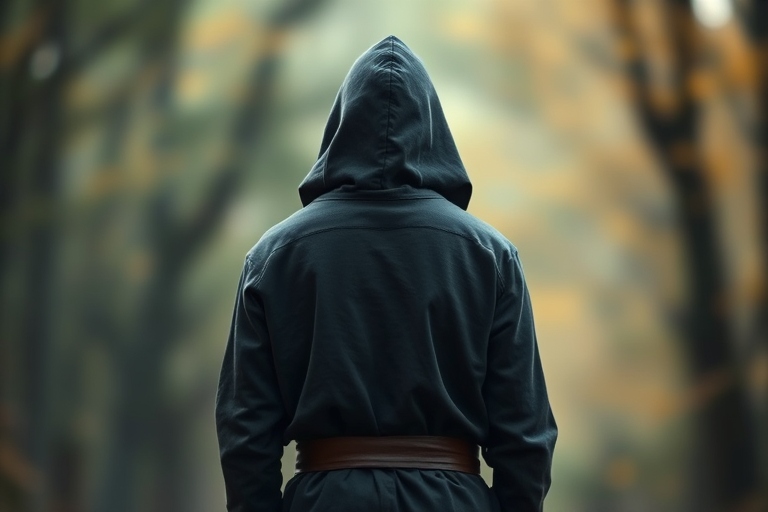 A cloaked figure standing with their back to the viewer, wearing a hood and a belt, soft focus, natural light, ISO 200, f/4, 1/100s, portrait style, full-frame camera.