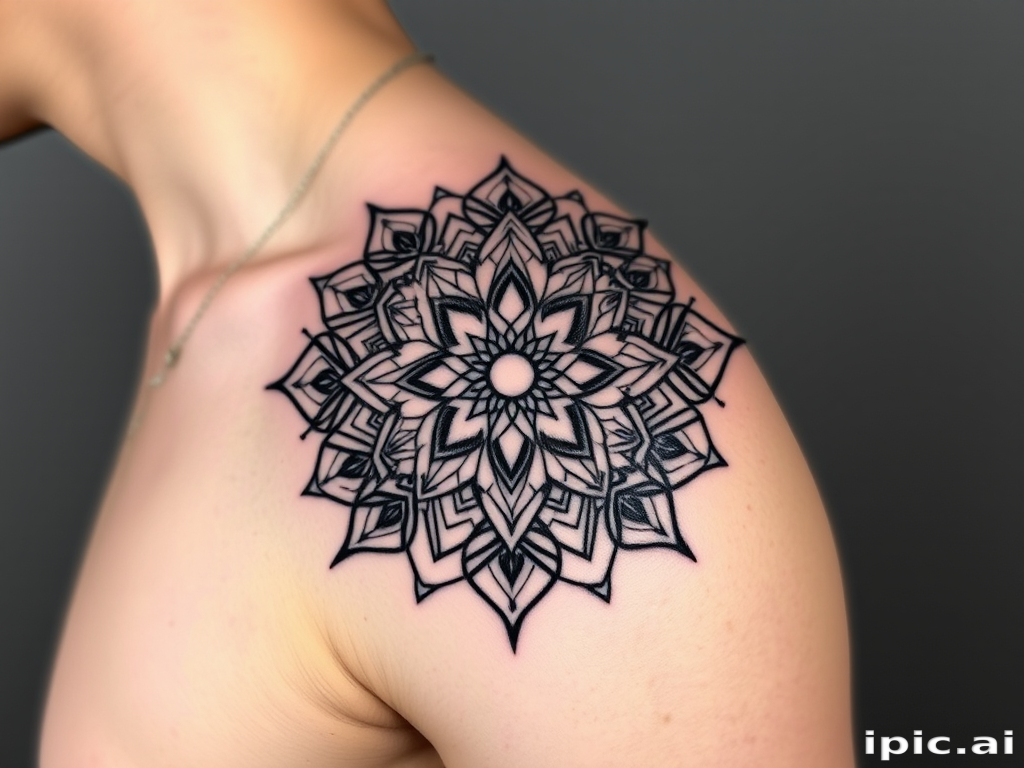 Geometric blackwork tattoo featuring an intricate mandala design on the shoulder blade, composed of bold shapes and intricate patterns, symmetrical and mesmerizing